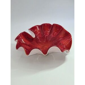 Vintage Murano Red Art Glass Ruffled Bowl with Silver Aventurine